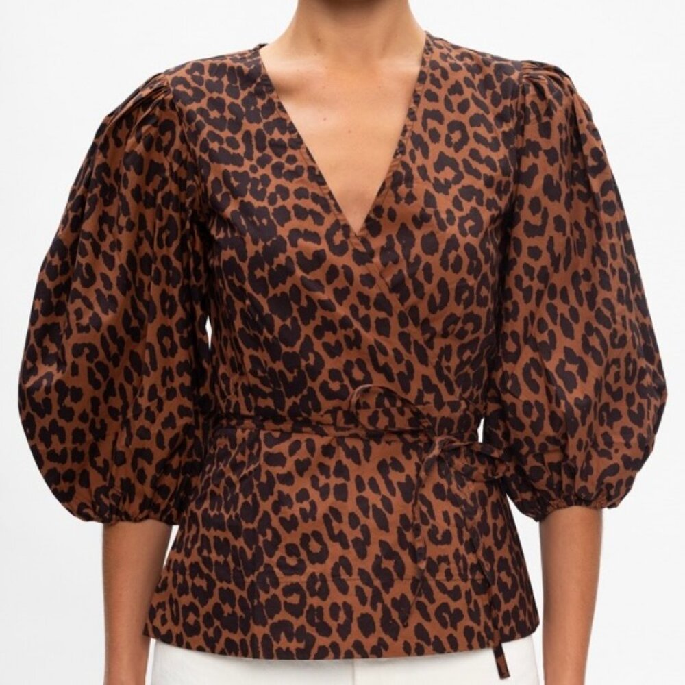 Ganni puff sleeve leopard print wrap/tie poplin peplum blouse